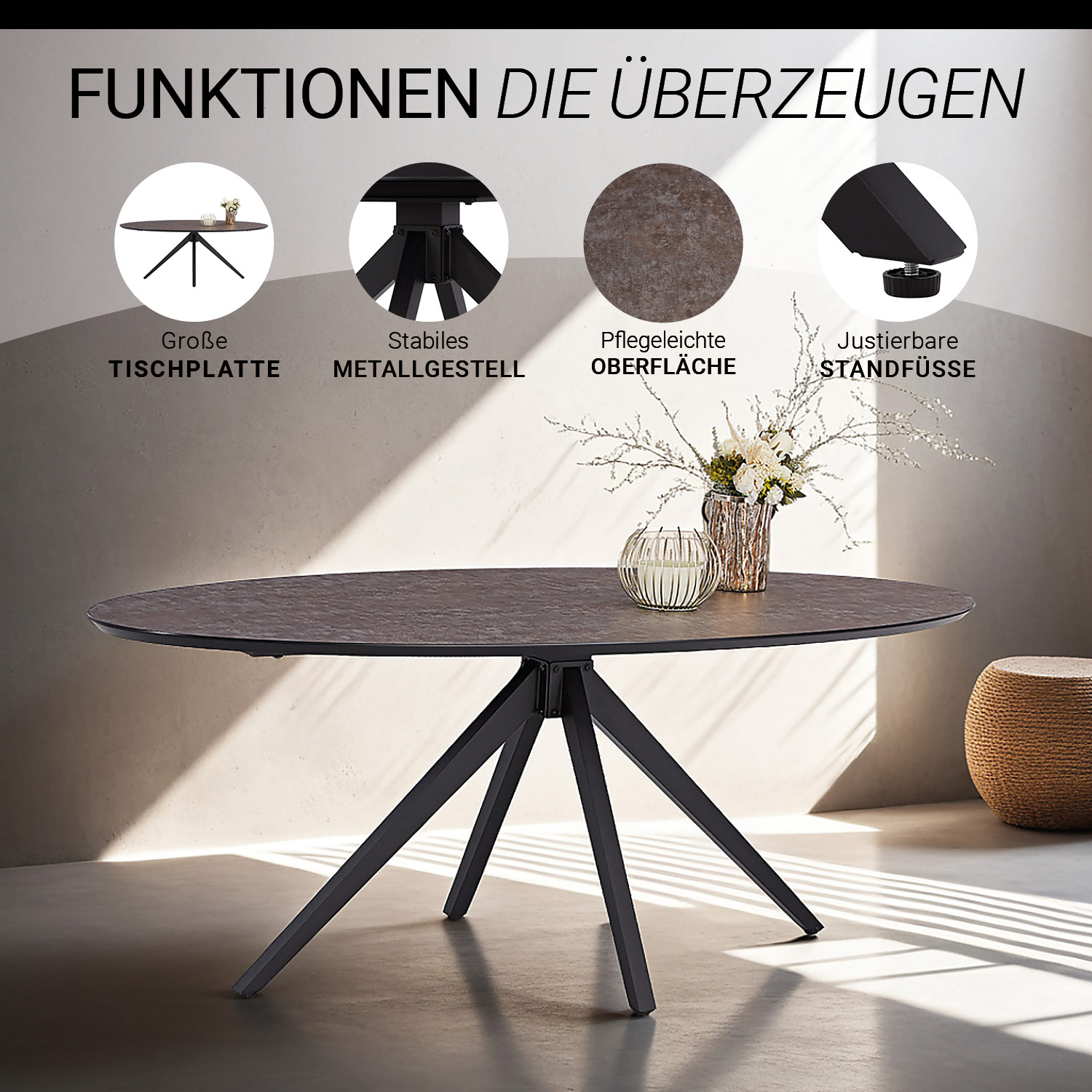 Dining set | 4-piece set upholstered chairs grey with armrest | swivel | dining table brown metal frame oval 200 cm