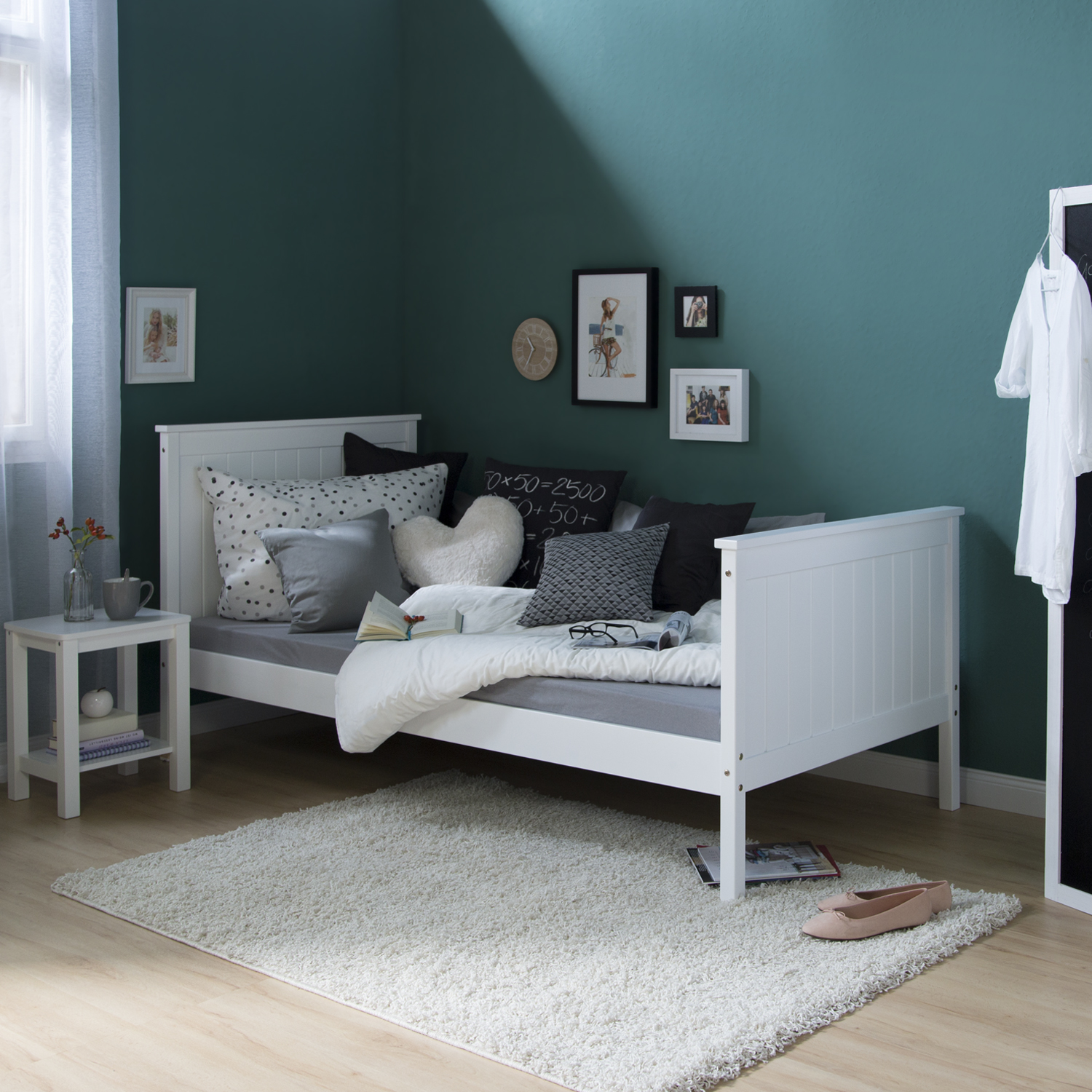 Wood Bed 90x200 cm White | Single Bed | with Slatted Frame | Country House Style | Kids Youth Guest Bedroom