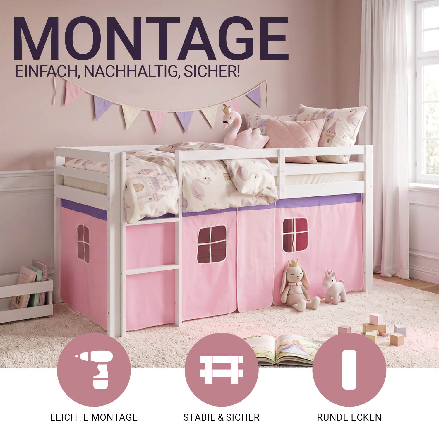 Children's Loft Bed, 90x200 cm, White with Pink Curtain | Without Slatted Base