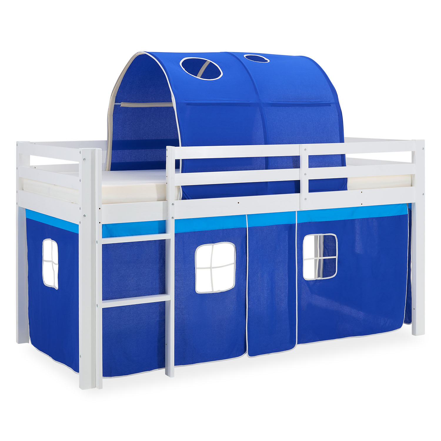 Children's Loft Bed 90x200 cm, White with Blue Curtain | Tunnel | Without Slatted Base