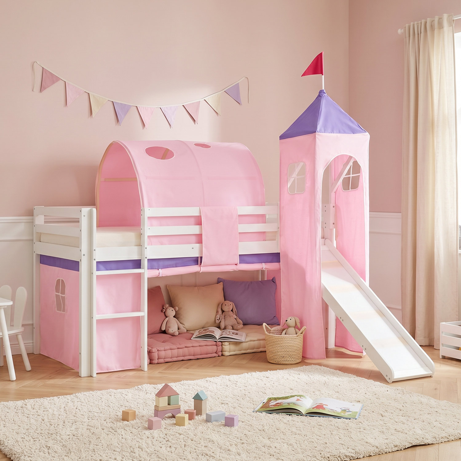 Loftbed 90x200 cm Bunk bed Childrens bed Solid Pine Wood Tower Tunnel Curtain Pink Slide Mattress Slats