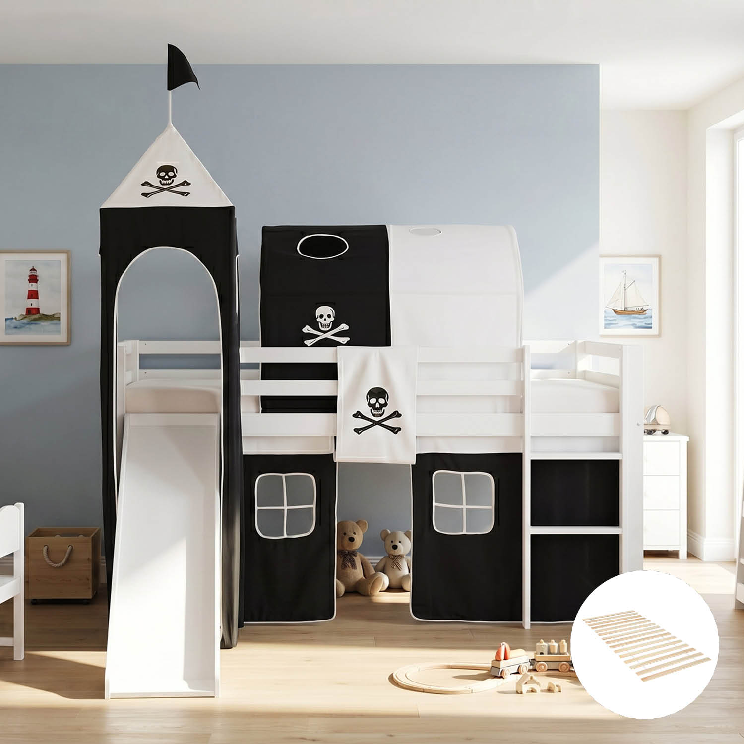 Children's Loft Bed 90x200 cm White with Black Curtain | Tunnel | Tower | Slide | With Slatted Base | Pirate | Boy