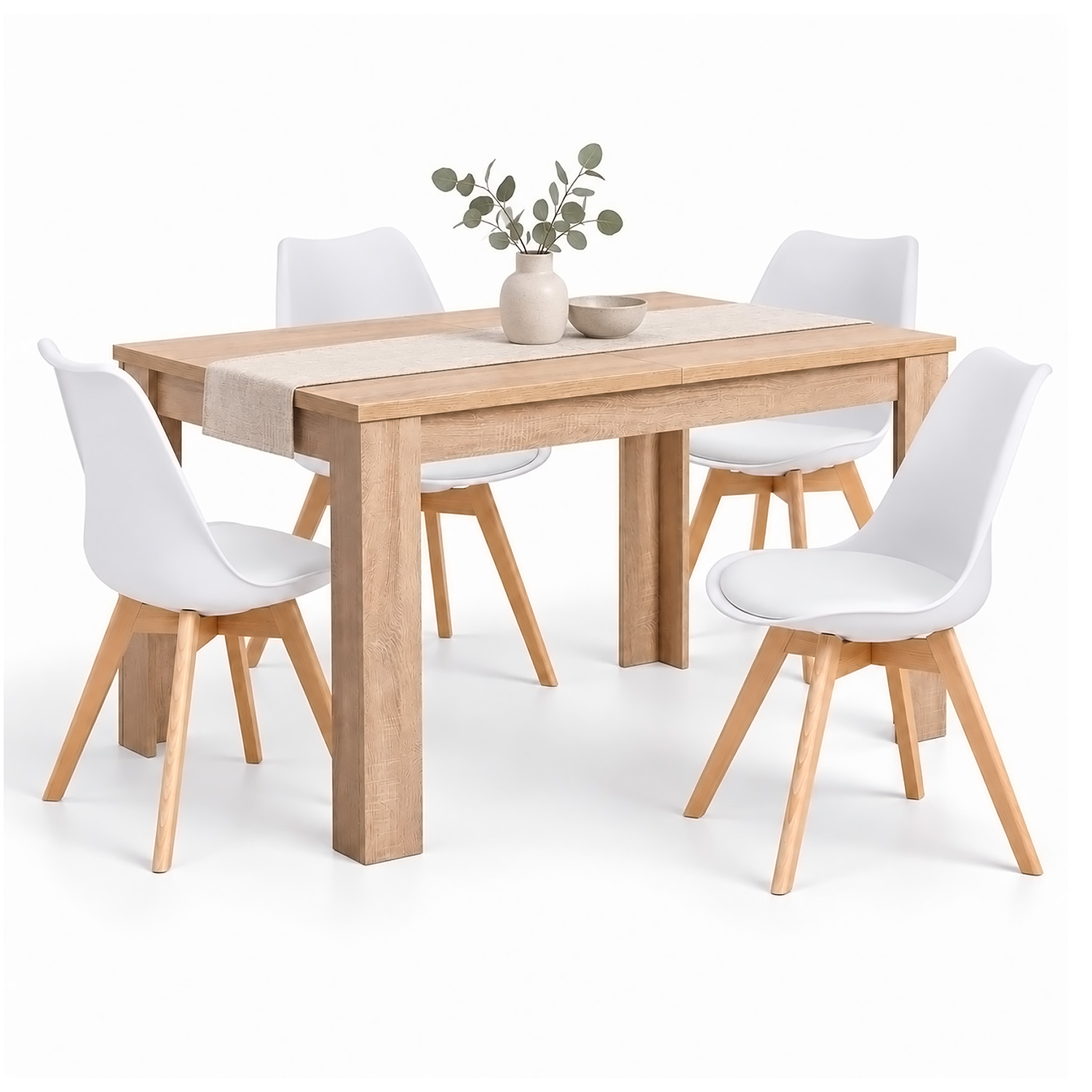 Dining Set (5-Piece): 120x80 cm oak extendable dining table with 4 white plastic chairs and wooden legs