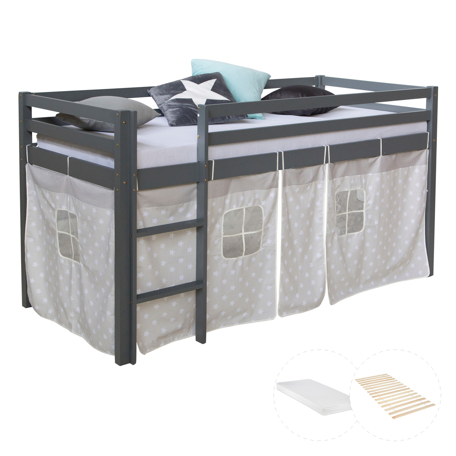 Loftbed 90x200 cm with Mattress Bunk bed Grey Childrens bed Solid Pine Wood Curtain Stars Slats