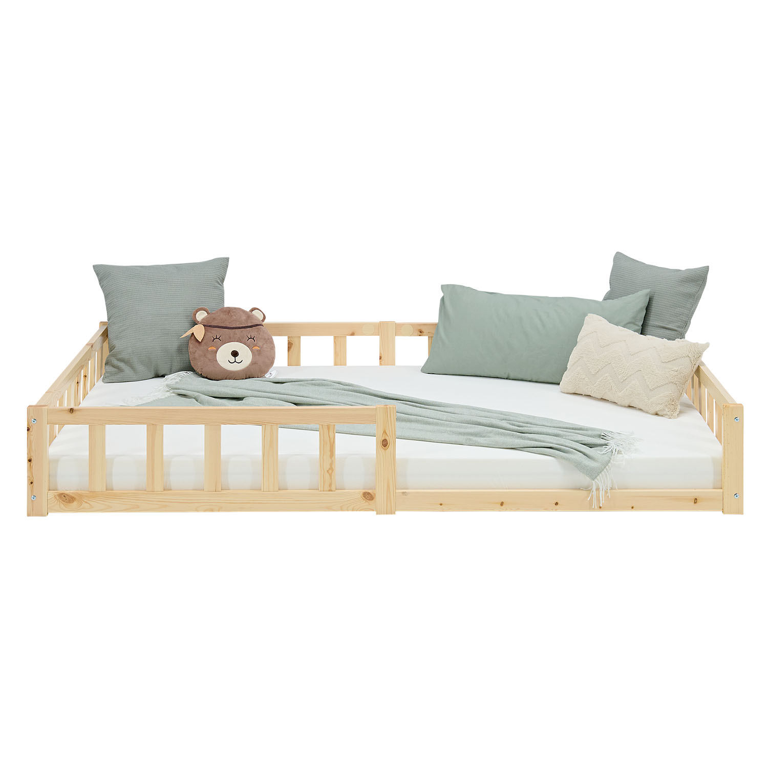 Montessori Crib 120x200 cm Natural, Includes Mattress & Slatted Base – Floor-Level Crib with Safety Rails Made of Solid Wood