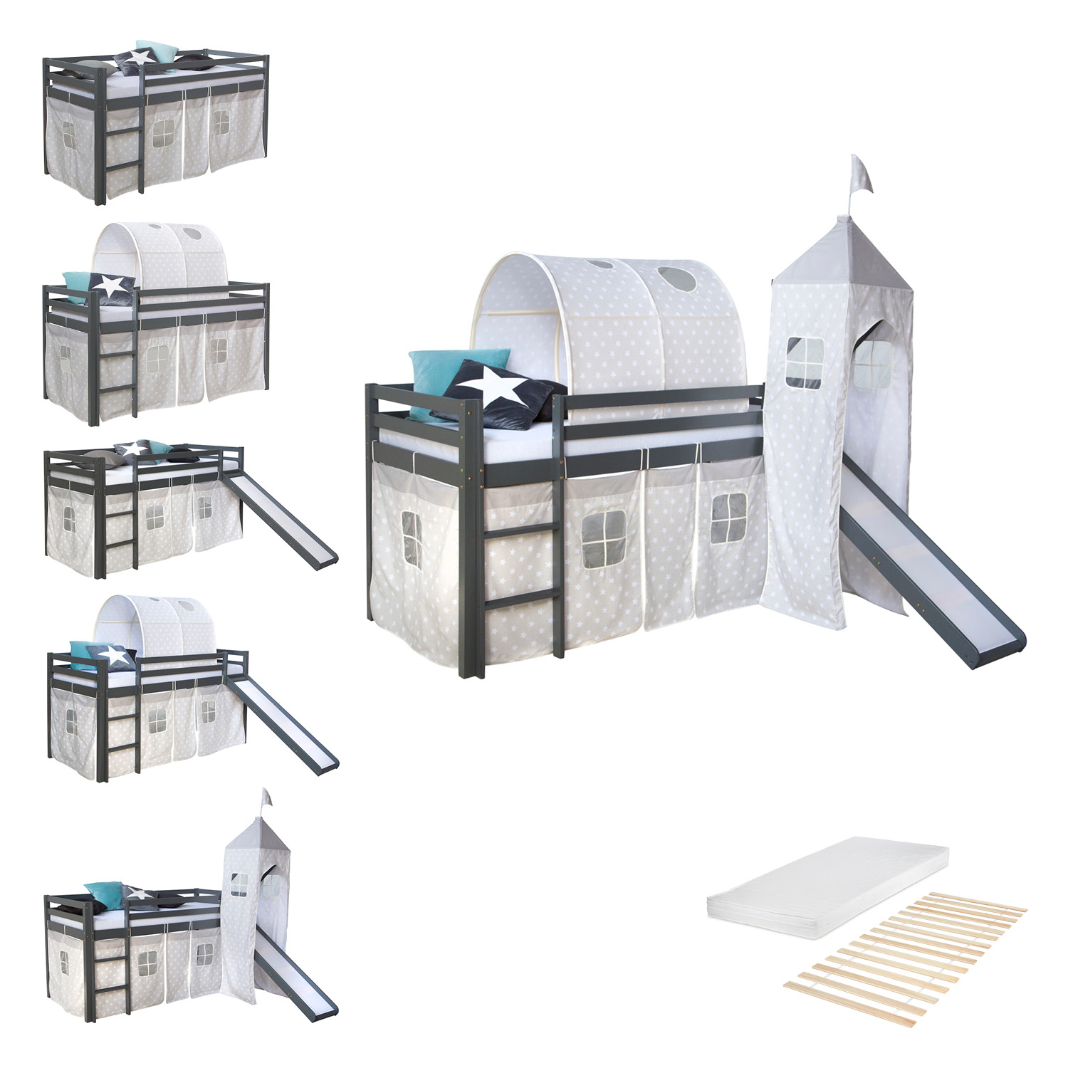 Loftbed 90x200 cm Grey Bunk bed Childrens bed Solid Pine Wood Tower Tunnel Curtain Stars Slide Mattress Slats