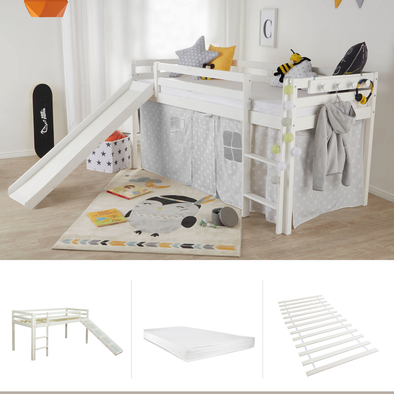 Loft Bed with Mattress Slatted Frame Slide 90x200 cm Children's Bed Bunk Bed White Play Bed Loft Bed with Mattress Slatted Frame Slide 90x200 cm Children's Bed Bunk Bed White Play Bed
