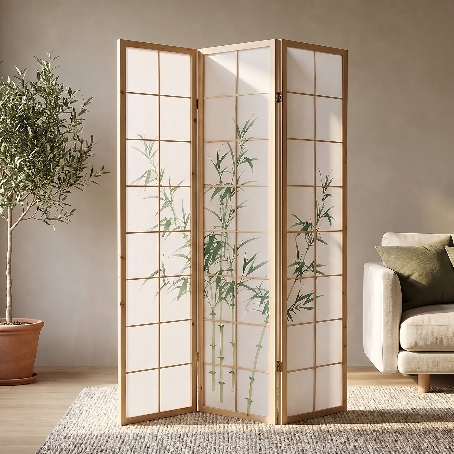 3-Panel Natural Screen – Shoji Room Divider with Bamboo Motif, Made of Wood and Rice Paper