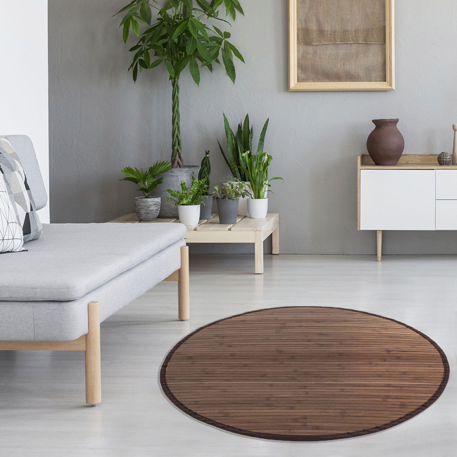 Bamboo carpet Rug 90 cm round in dark brown