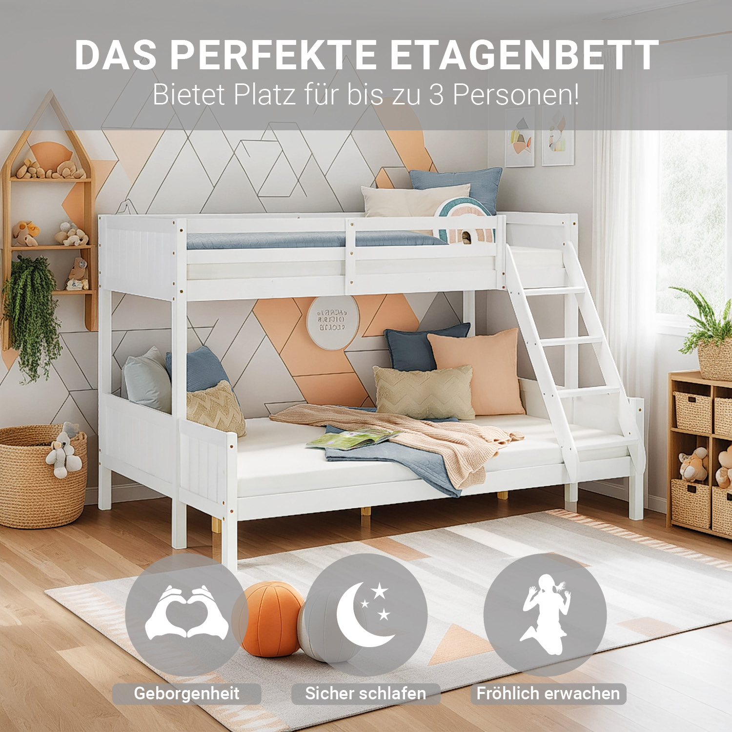 Children´s Bed Bunk Bed 90x200 and 140x200 High Sleeper Cot White Wood with Slats 2 Matresses