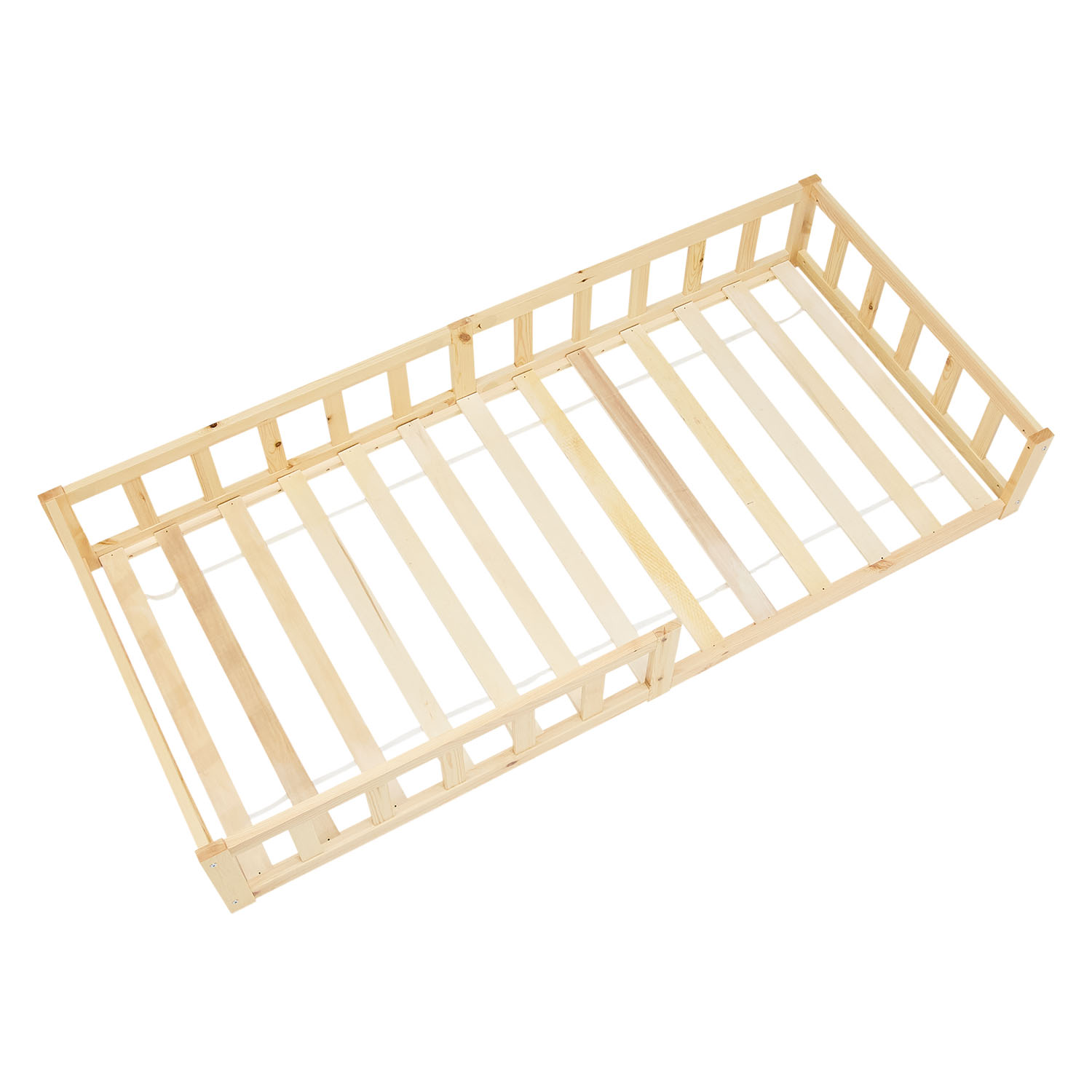 Children's Bed 90x200 Natural | Floor Bed with Mattress & Slatted Frame | with Fall Protection | Montessori