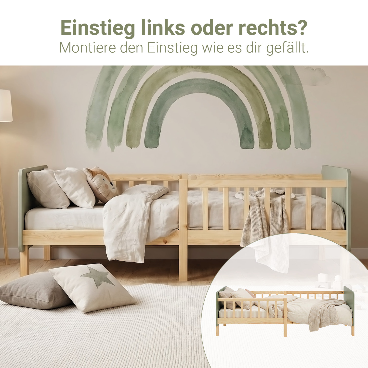 Single bed 90x200 cm Green with Mattress Wooden Bed frame Toddler bed with safety rail Kids bed Childrens bed Slatted frame