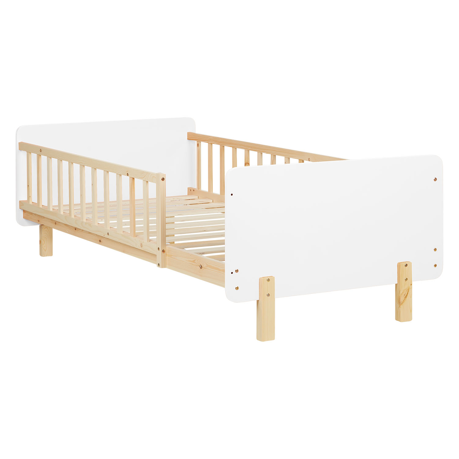 Children's Bed 90x200 cm White Natural | Retro Bed with Fall Protection | Single Bed | with Slatted Frame | Wood