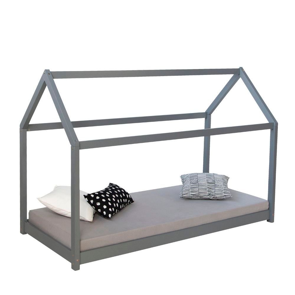 Children's Bed 90x200 cm Gray | House Bed | Single Bed | with Slatted Frame | Wood | Floor Bed