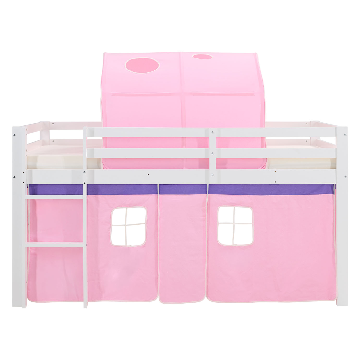 Children's Loft Bed 90x200 cm, White with Pink Curtain | Tunnel | Includes Slatted Base