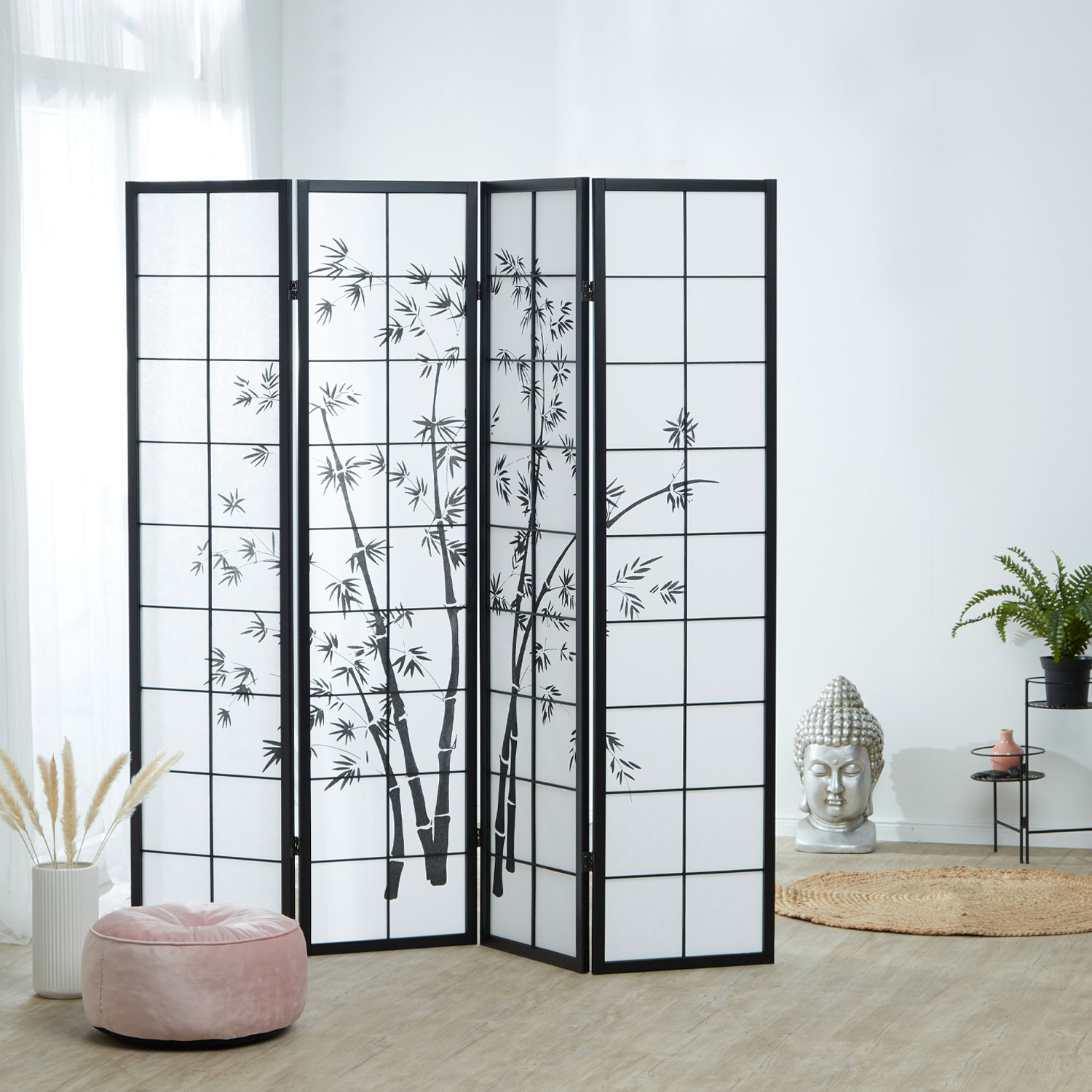 Paravent Black Bamboo Pattern Print | 4-panel | Wood | Room Divider Partition Privacy Screen
