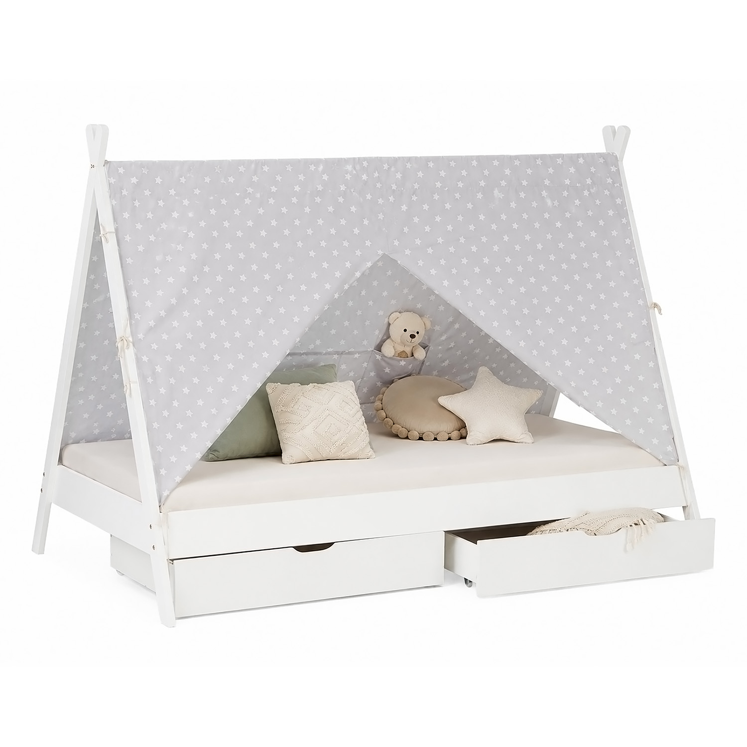 Children's Bed 90x200 cm White Gray Fabric | Tent Bed with Drawers | Single Bed | with Slatted Frame | Wood