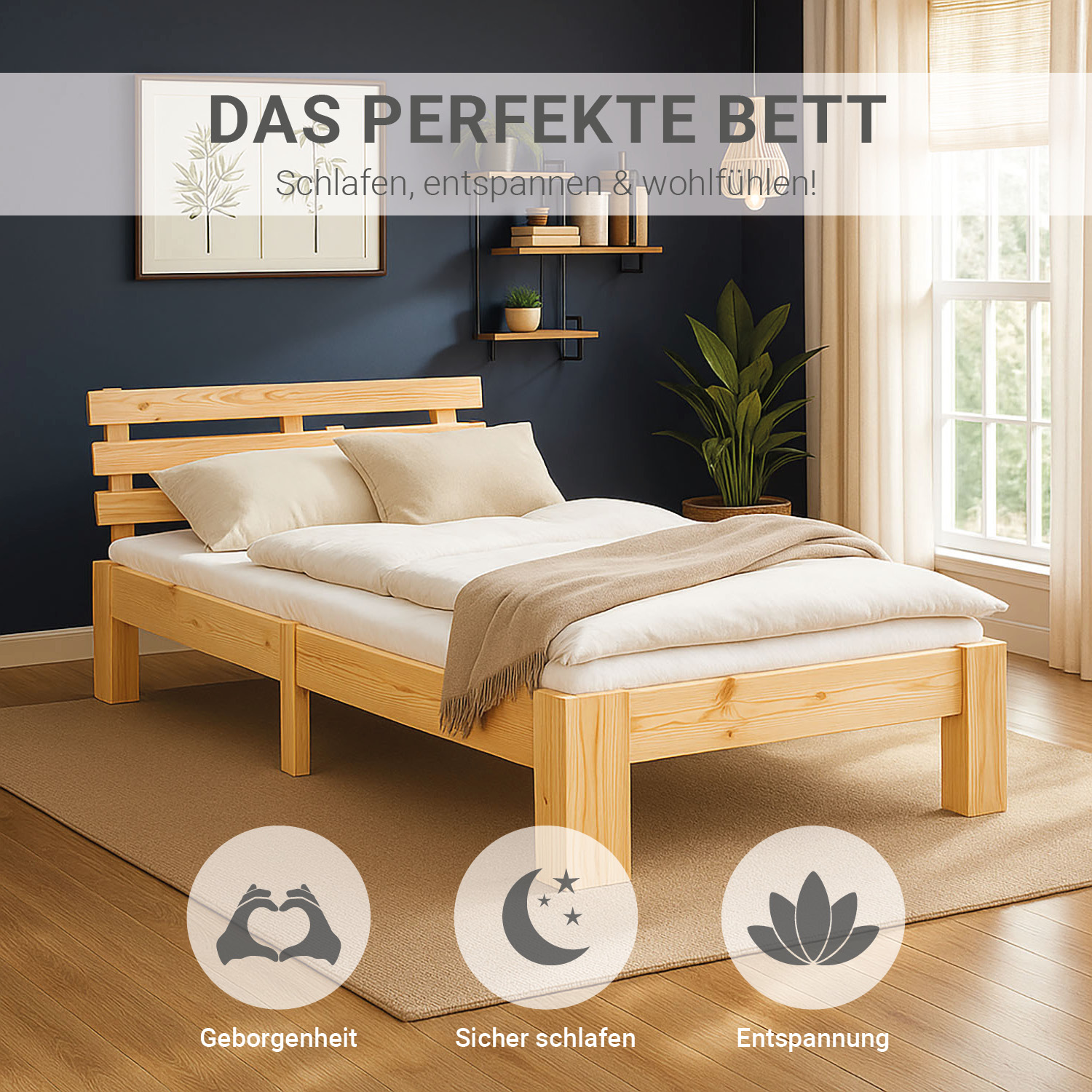 Wood Bed 90x200 cm Natural | Single Bed | with Slatted Frame | Solid | Kids Youth Guest Bedroom