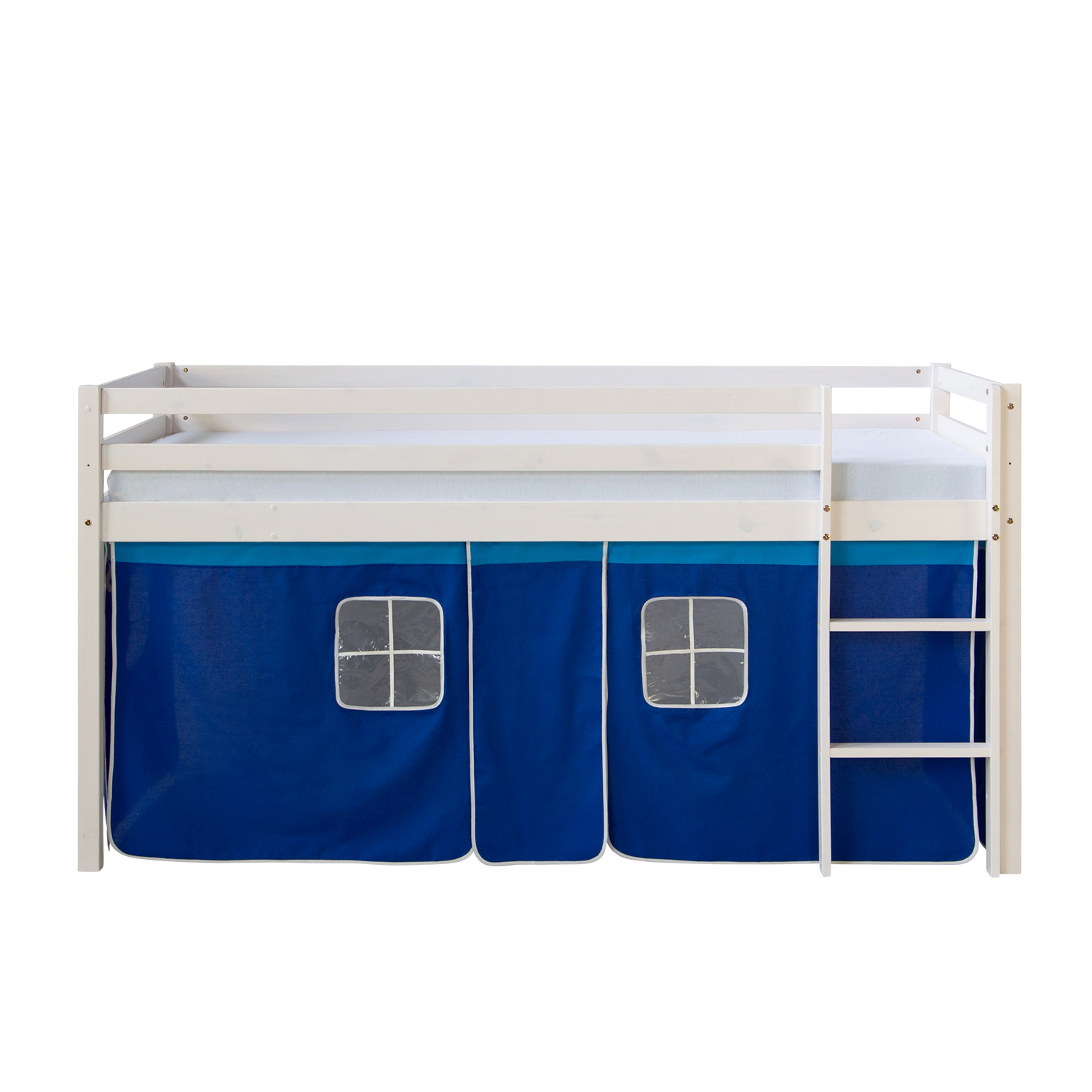 Loftbed 90x200 cm with Mattress Bunk bed Childrens bed Solid Pine Wood Slats Curtain Blue