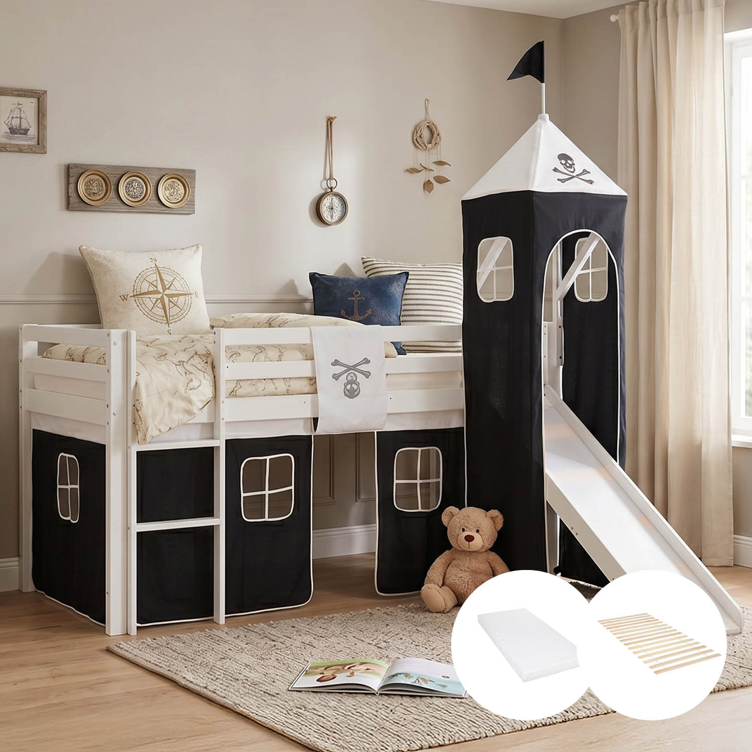 Children's Loft Bed 90x200 cm White with Black Curtain | Slide | Tower | With Slatted Base | With Mattress | Pirate | Boy