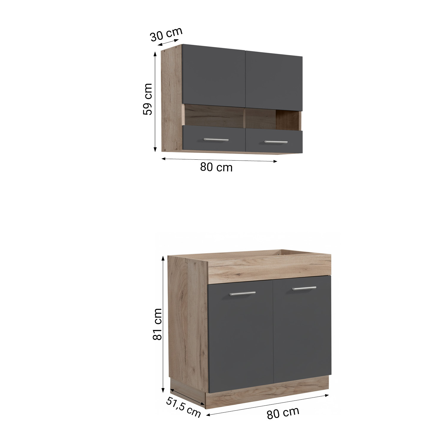 80 cm Kitchen Unit Grey & Oak – Mini Kitchen with Cabinet Elements, Without Sink and Appliances