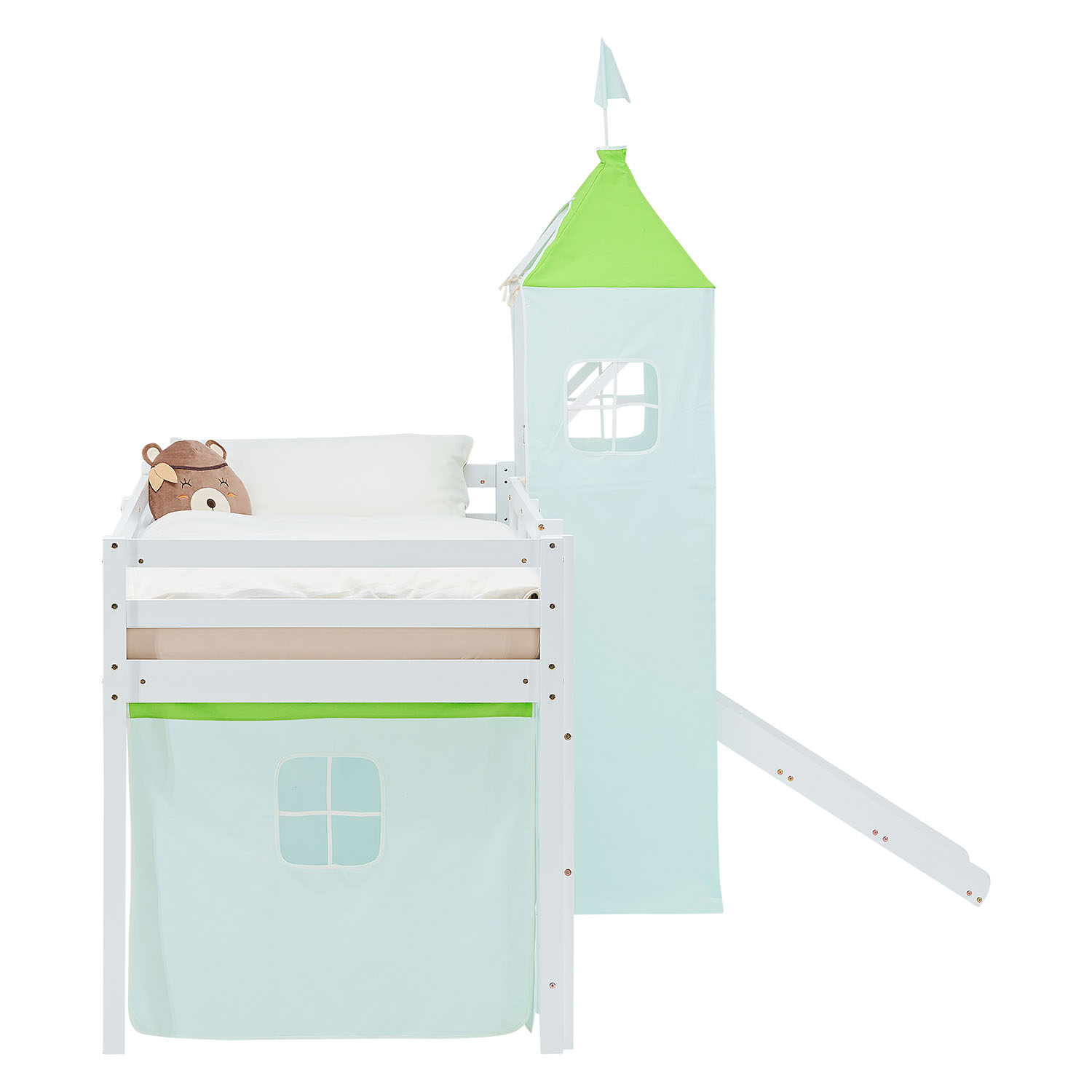 Loft Bed for Kids 90x200 cm White with Curtain in Green | Slide | Tower | with Slatted Frame and Mattress