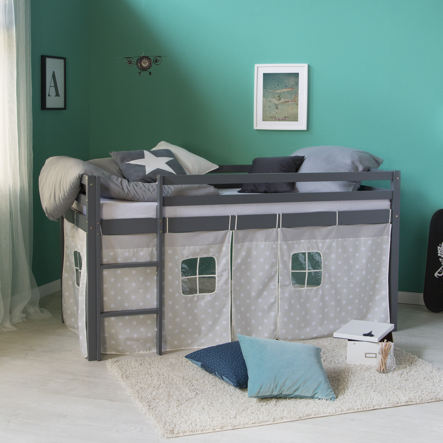 Loftbed 90x200 cm with Mattress Bunk bed Grey Childrens bed Solid Pine Wood Curtain Stars Slats