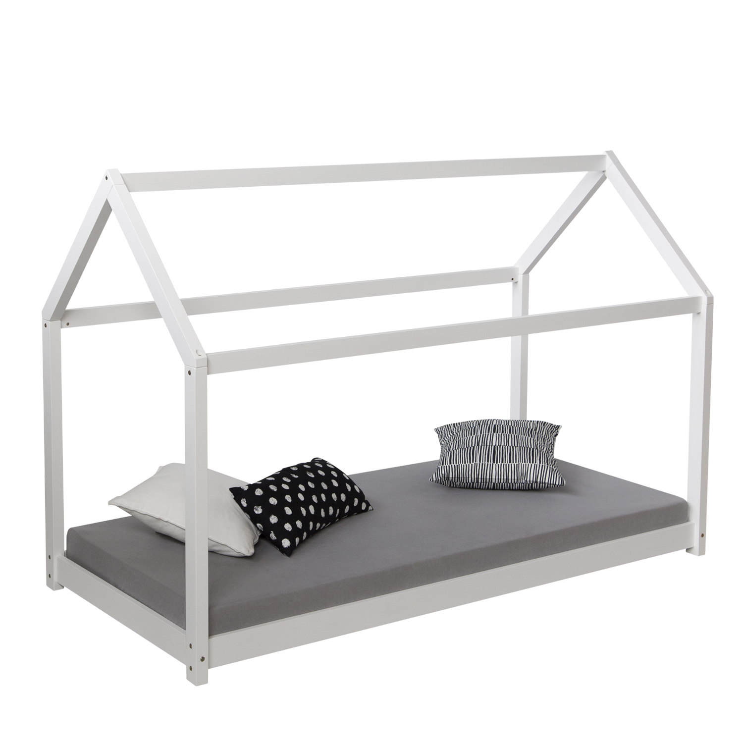 Children's Bed 90x200 cm White | House Bed | Single Bed | with Slatted Frame | Wood | Floor Bed