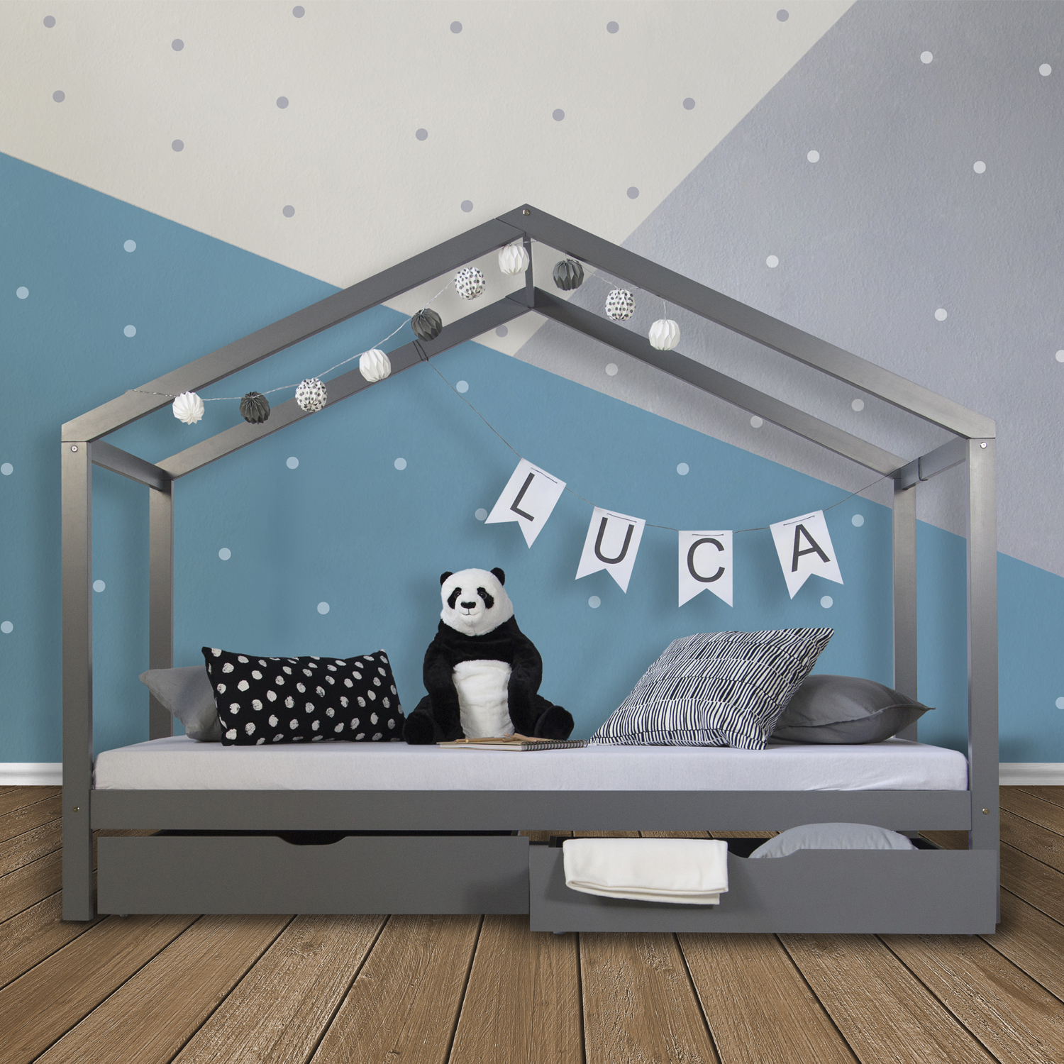 Cot House Bed 90x200 Children's House Play Bed Wooden Bed Bed Drawer Nature White Grey