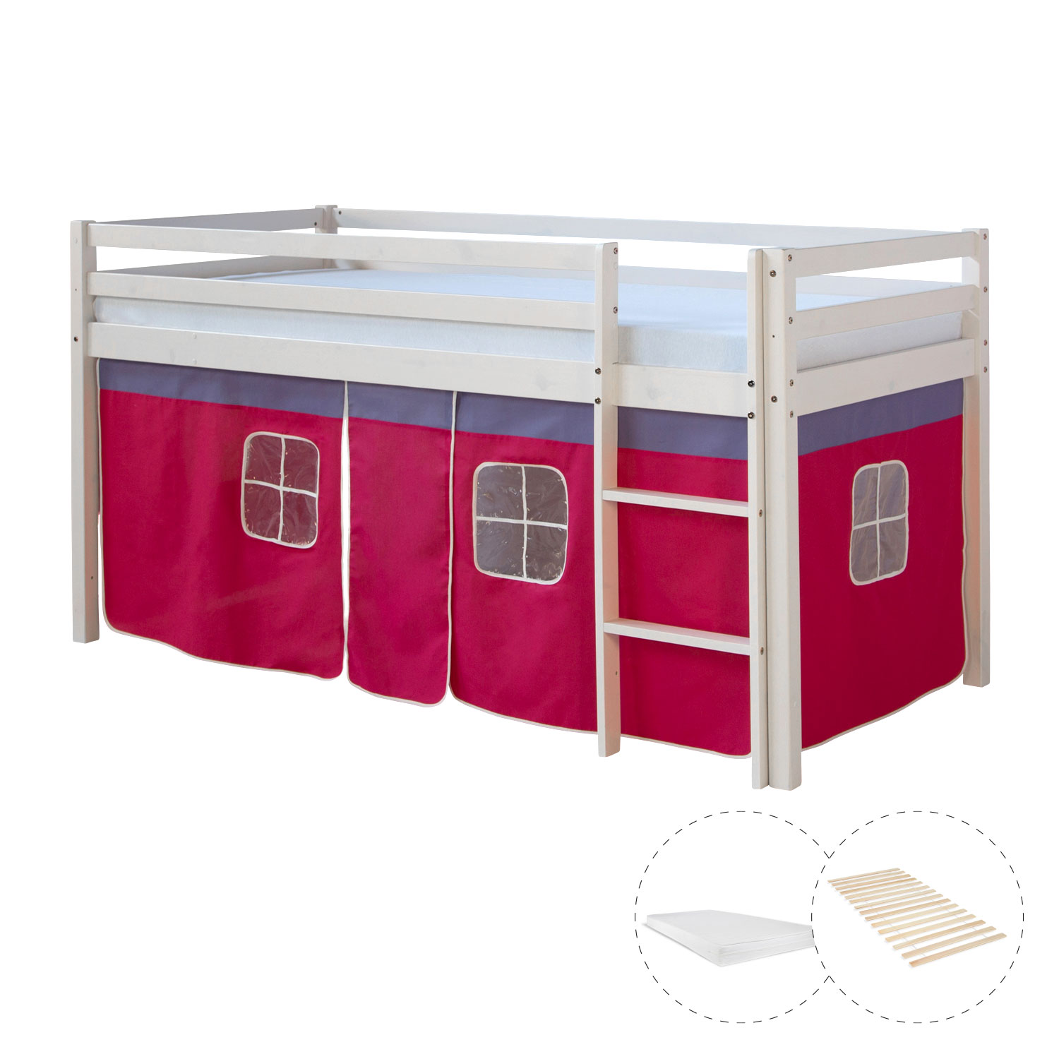 Loftbed 90x200 cm with Mattress Bunk bed Childrens bed Solid Pine Wood Slats Curtain Pink