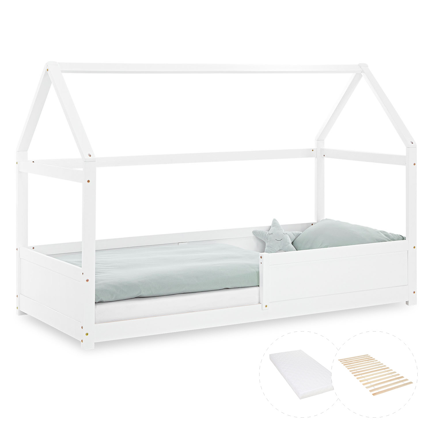 Children's Bed 90x200 cm White with Mattress | House Bed with Fall Protection | Montessori | Single Bed | with Slatted Frame | Wood