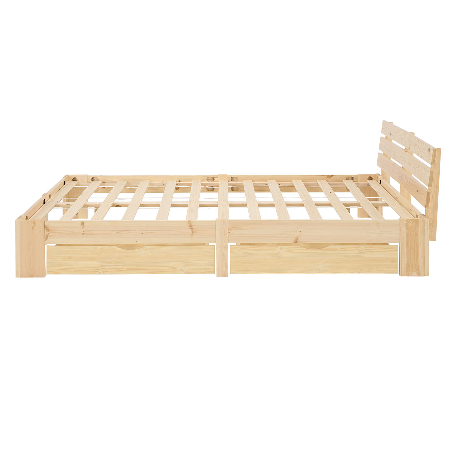 Wood Bed 140x200 cm Natural | Double Bed with Storage 2 Drawers | with Slatted Frame | Solid | Kids Youth Guest Bedroom