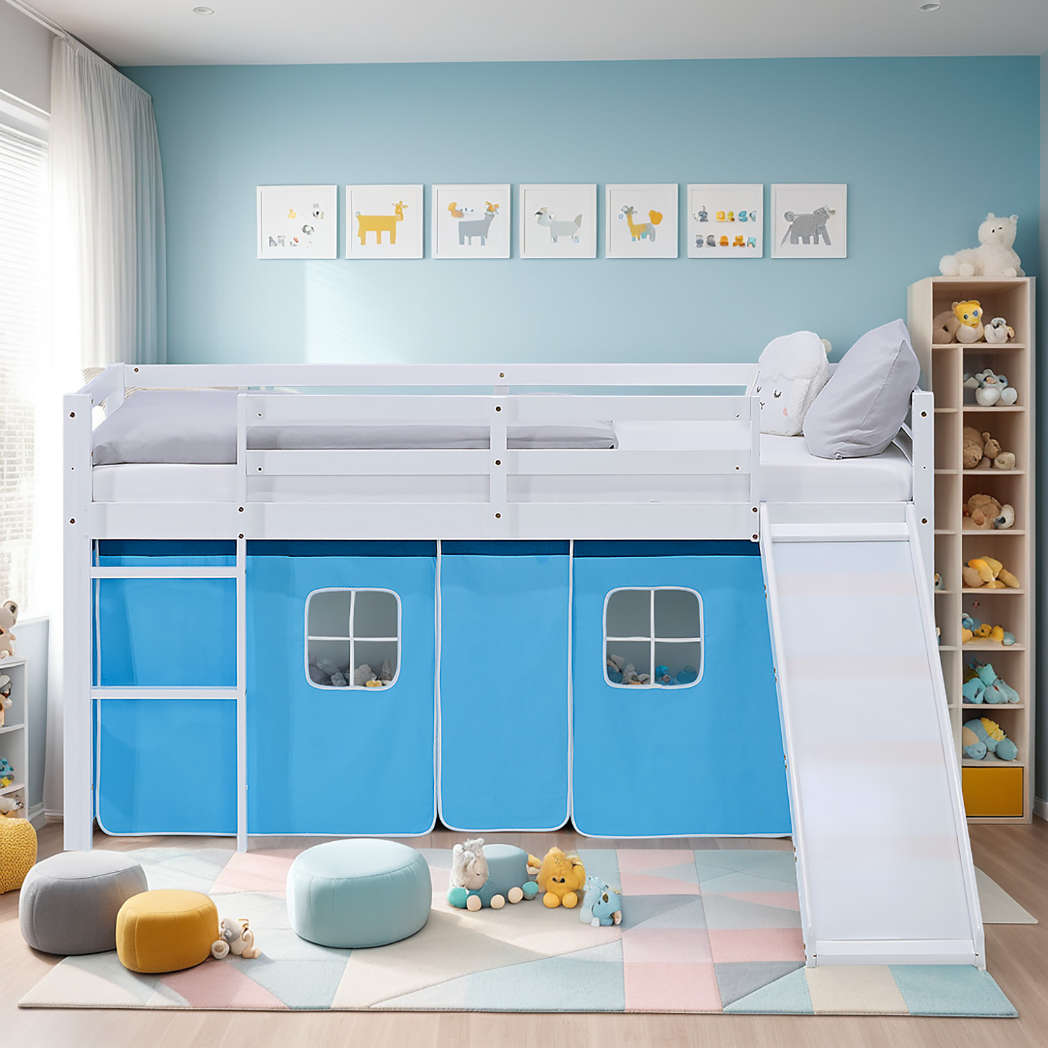 Loft Bed for Kids 90x200 cm White with Curtain in Blue | Slide | with Slatted Frame and Mattress
