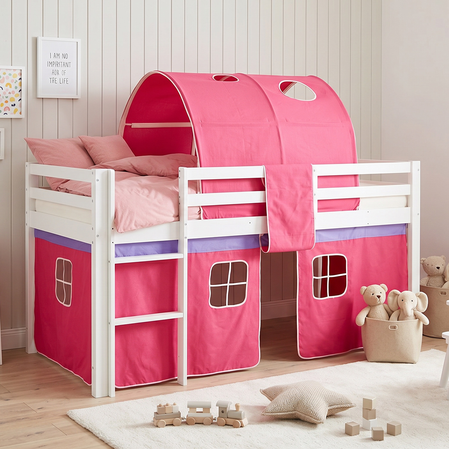 Loft Bed Kids 90x200 cm White with Curtain in Pink | Tunnel | without Slatted Frame