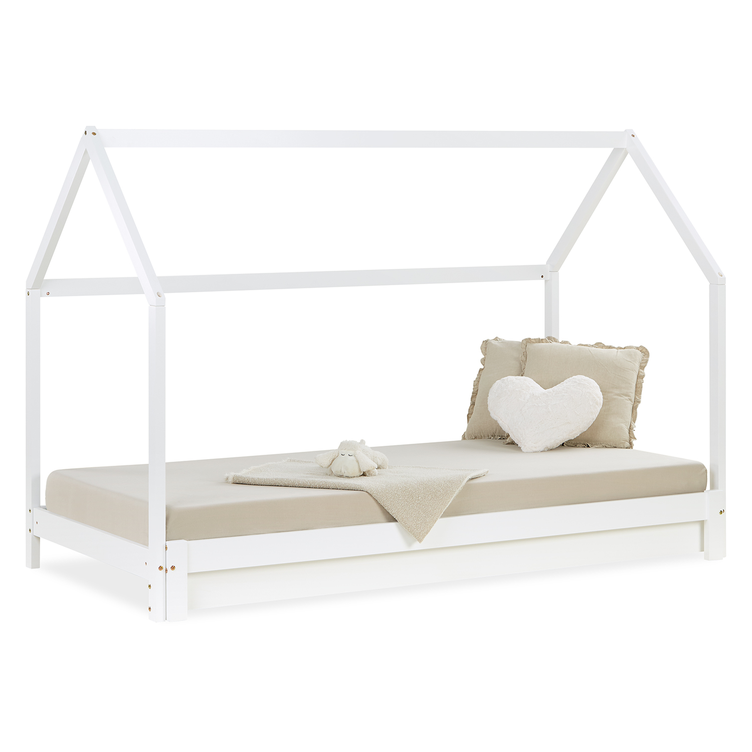 Children's Bed with Pull Out Bed 2 Mattresses 90x200 cm House Bed Treehouse Bed Children's Single Bed Wooden Frame White Trundle Bed Slats