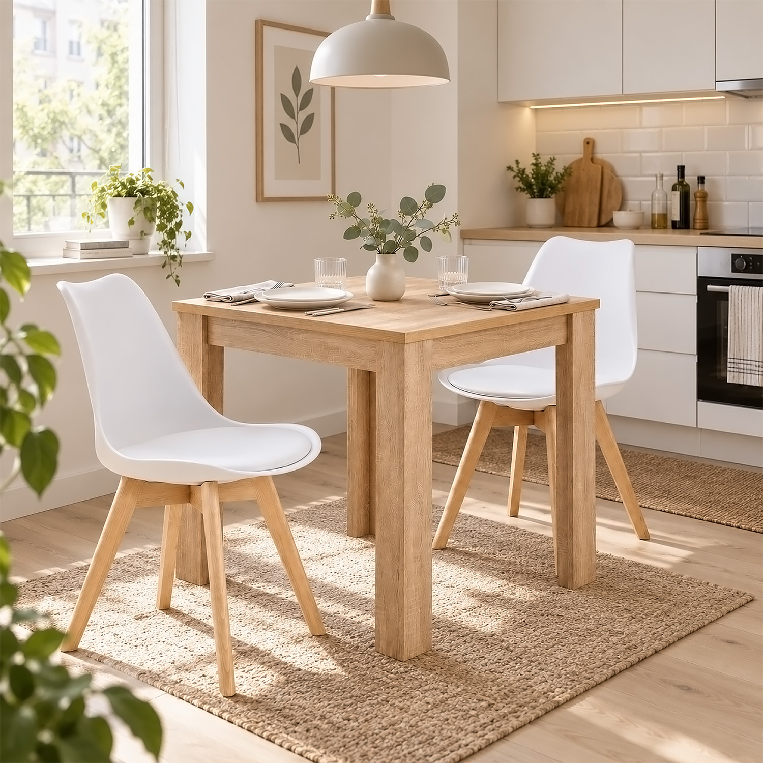 Dining Set (3-Piece): 80x80 cm oak dining table with 2 white plastic chairs and wooden legs