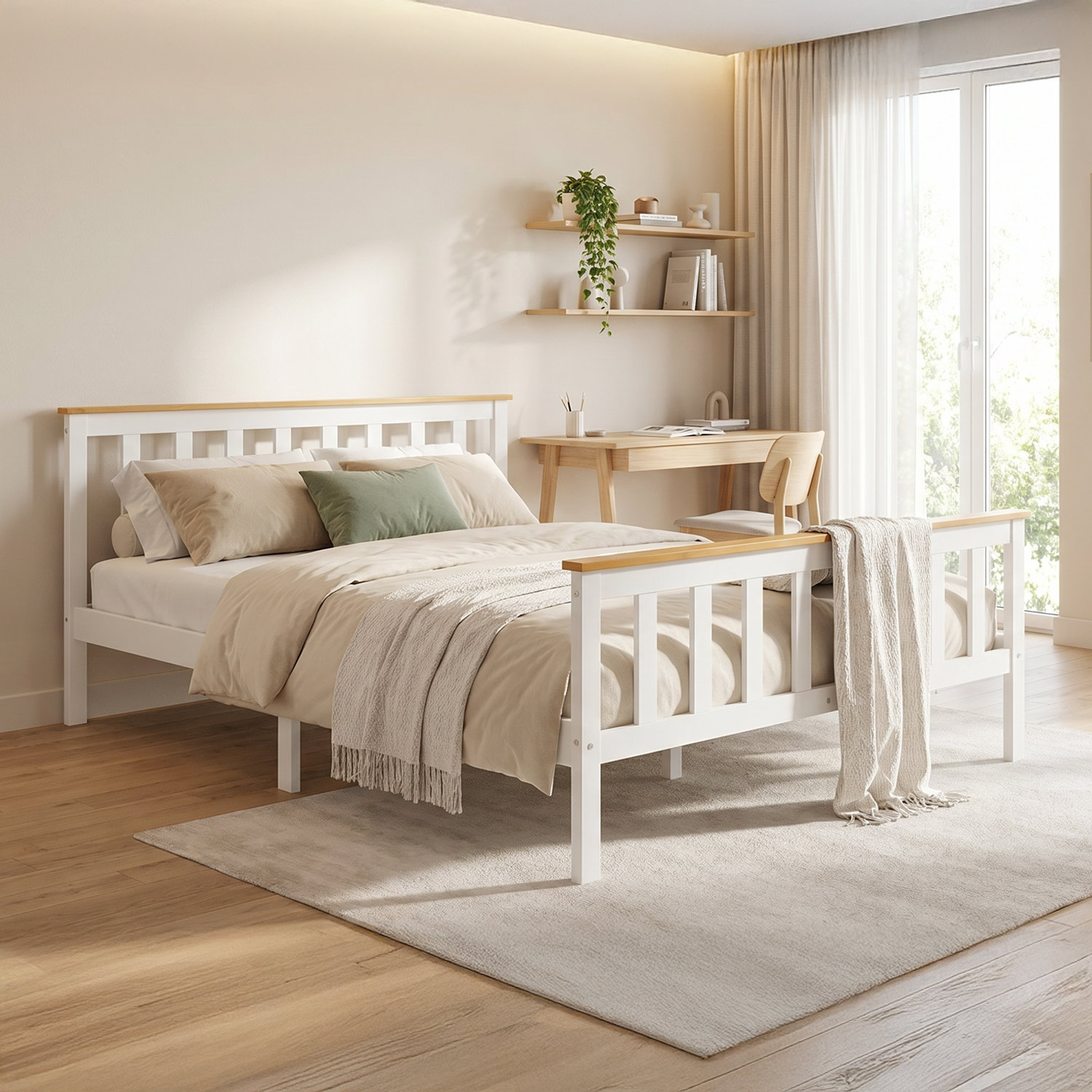 Wooden Bed 140x200 cm Natural White | Double Bed | With Slatted Base | Scandinavian Style | Children's, Teen, or Guest Bedroom