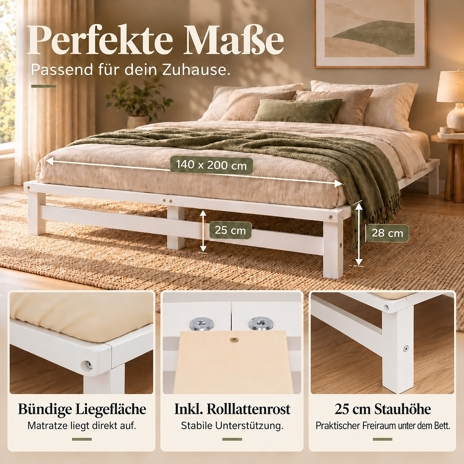 Pallet Bed 140x200 cm White – Wooden Double Bed with Mattress & Slatted Base for Teen Rooms, Guest Rooms, and Bedrooms