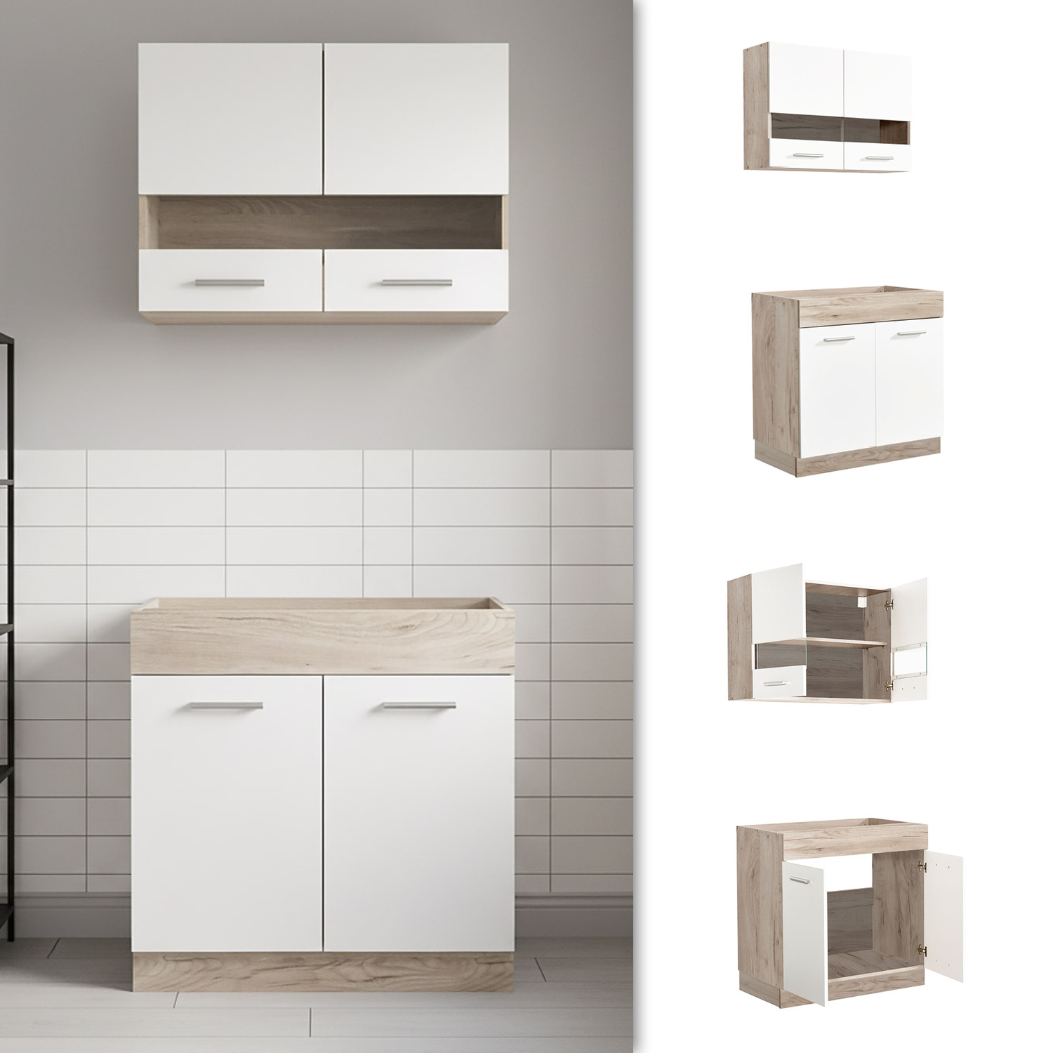Küchenzeile ohne Elektrogeräte in Weiß mit Oberflächen in Eichenoptik und Glaselementen. Der Hängeschrank und der Unterschrank sind getrennt auf weißem Hintergrund abgebildet; eingezeichnete Maßlinien ergänzen die Ansicht.