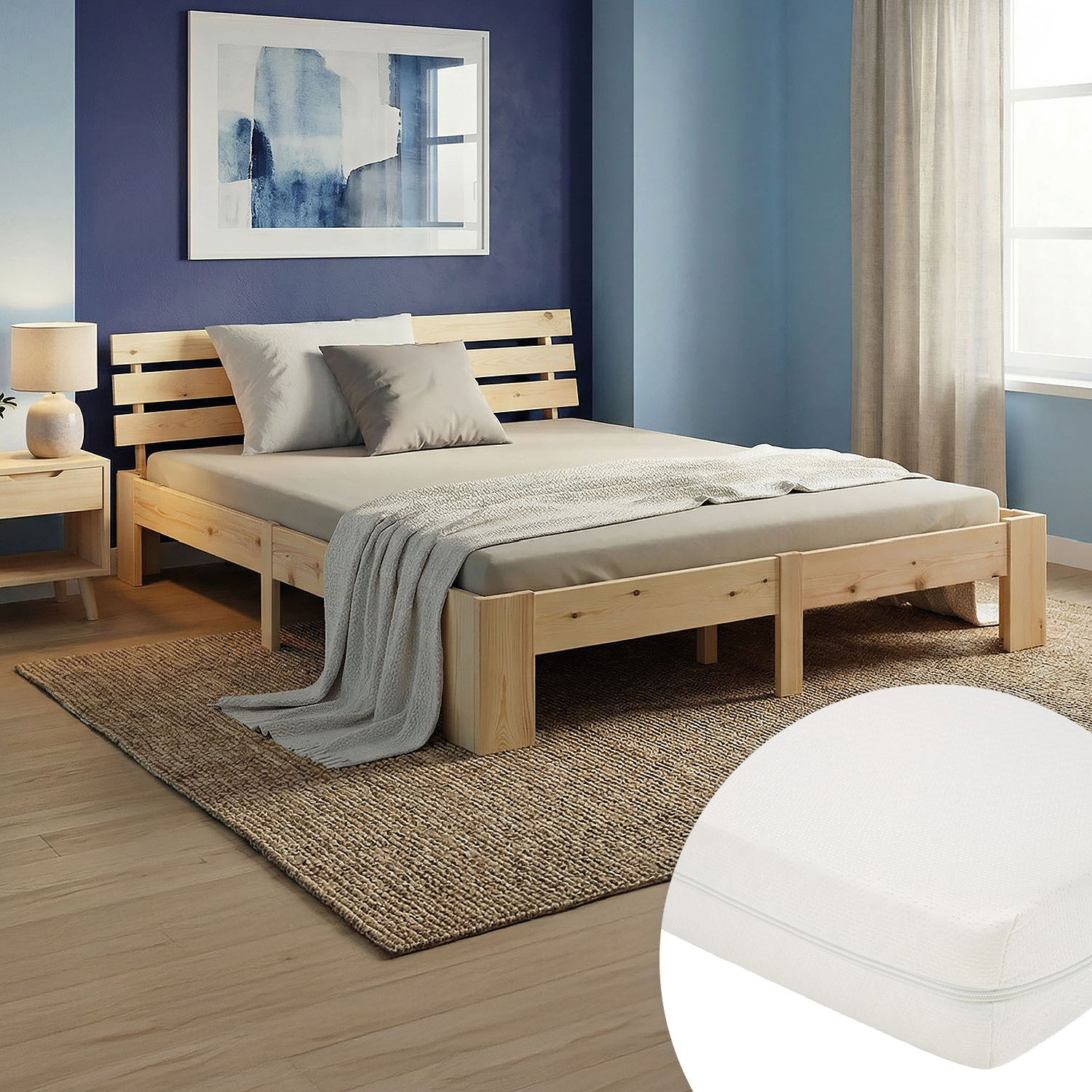 Double Bed with Mattress and Slatted Frame 140x200 Bed Nature Solid Pine Wooden Bed Futon Bed