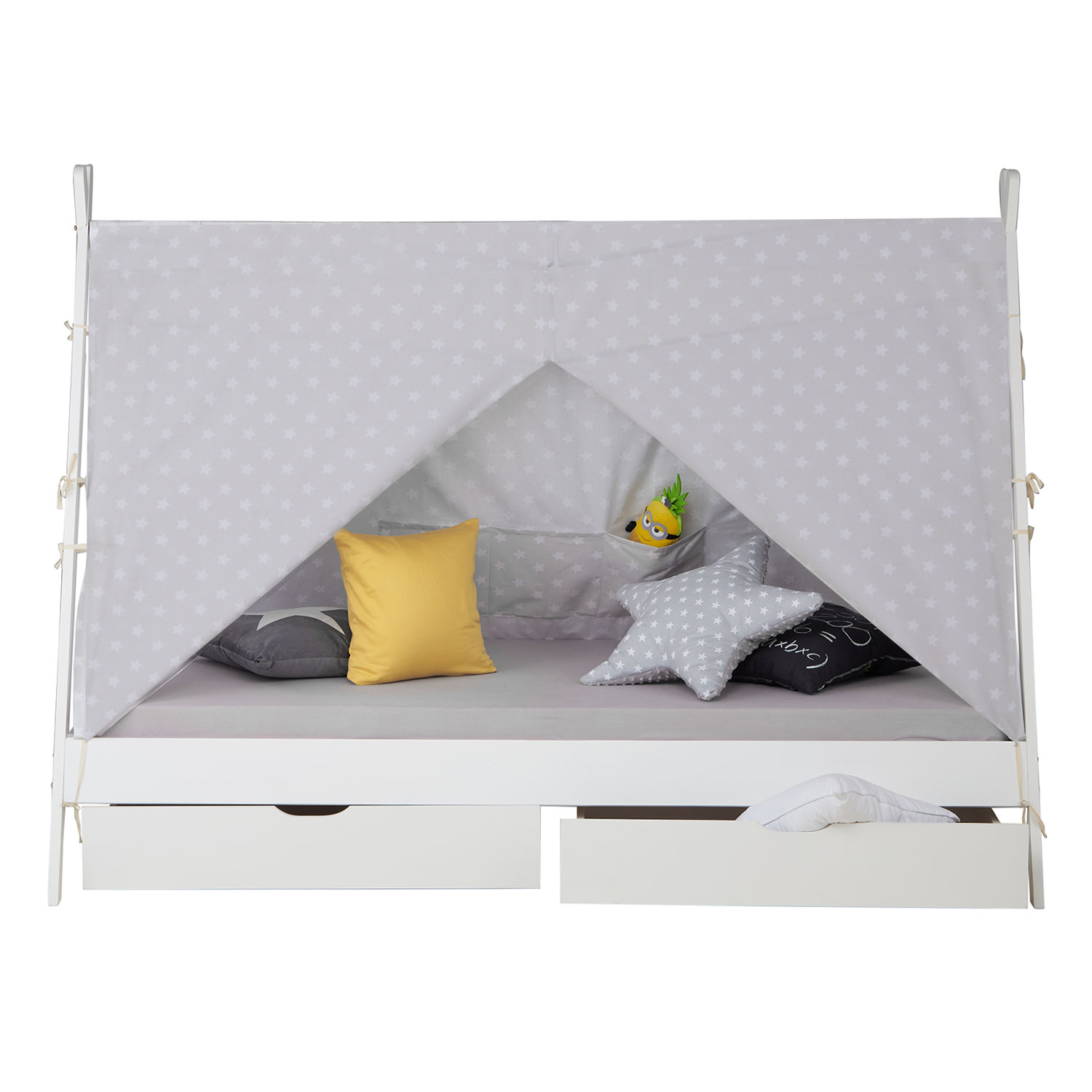 Kinderbett TIPI 90x200 cm Weiß Grau Holzbett wahlweise Bettkasten Indianer Bett Hausbett Spielbett 