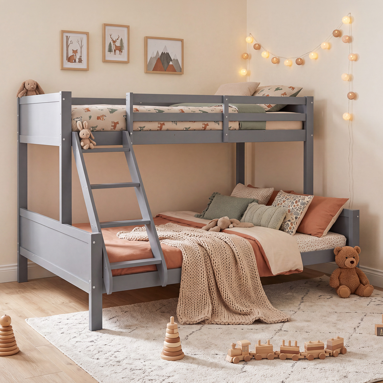 Children's & Teen Bunk Bed, Gray Wood, 90x200 & 140x200 cm, with 2 Mattresses
