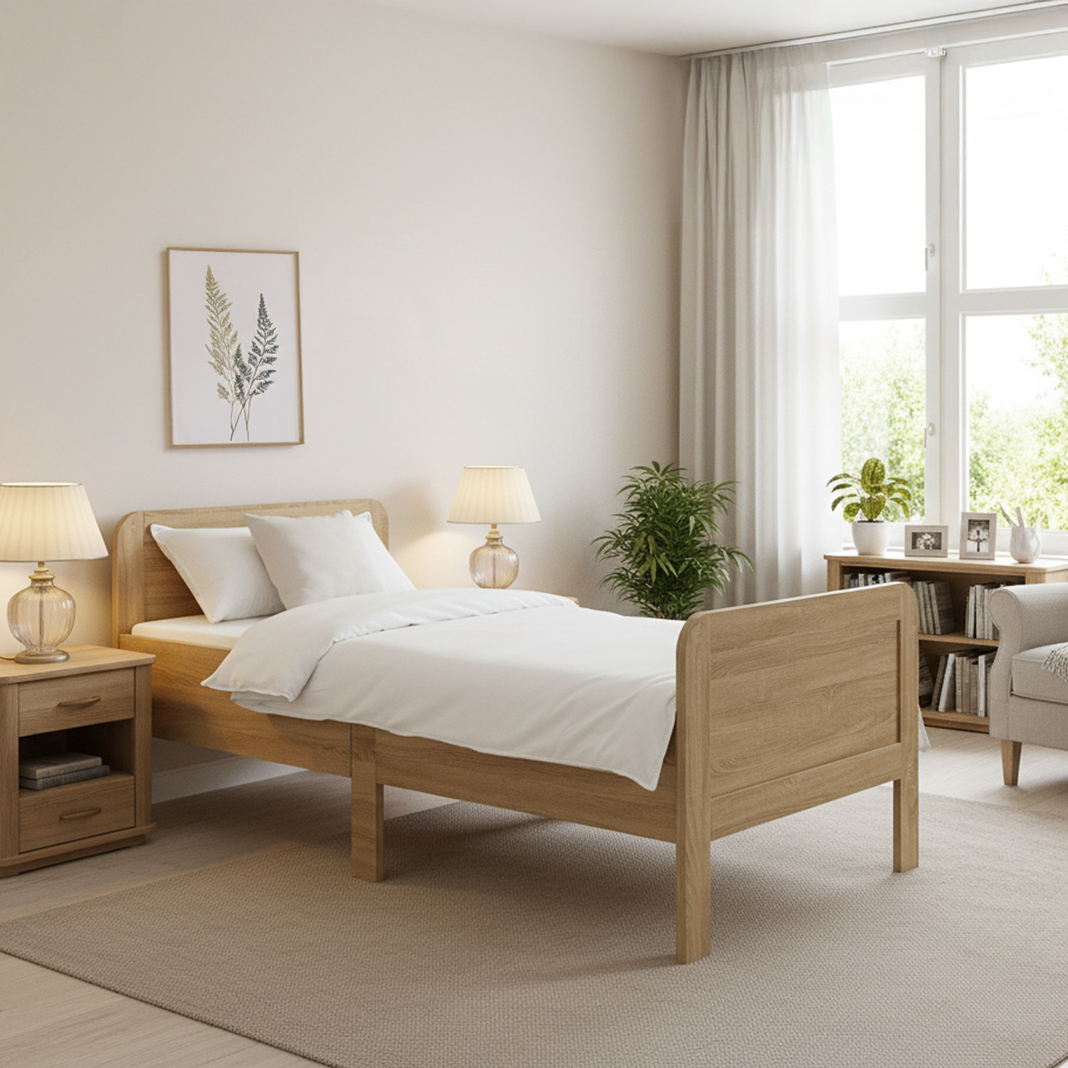 Comfort Bed 90x200 cm Natural | Senior Bed Height Adjustable with Slatted Frame | Single Bed | Wood