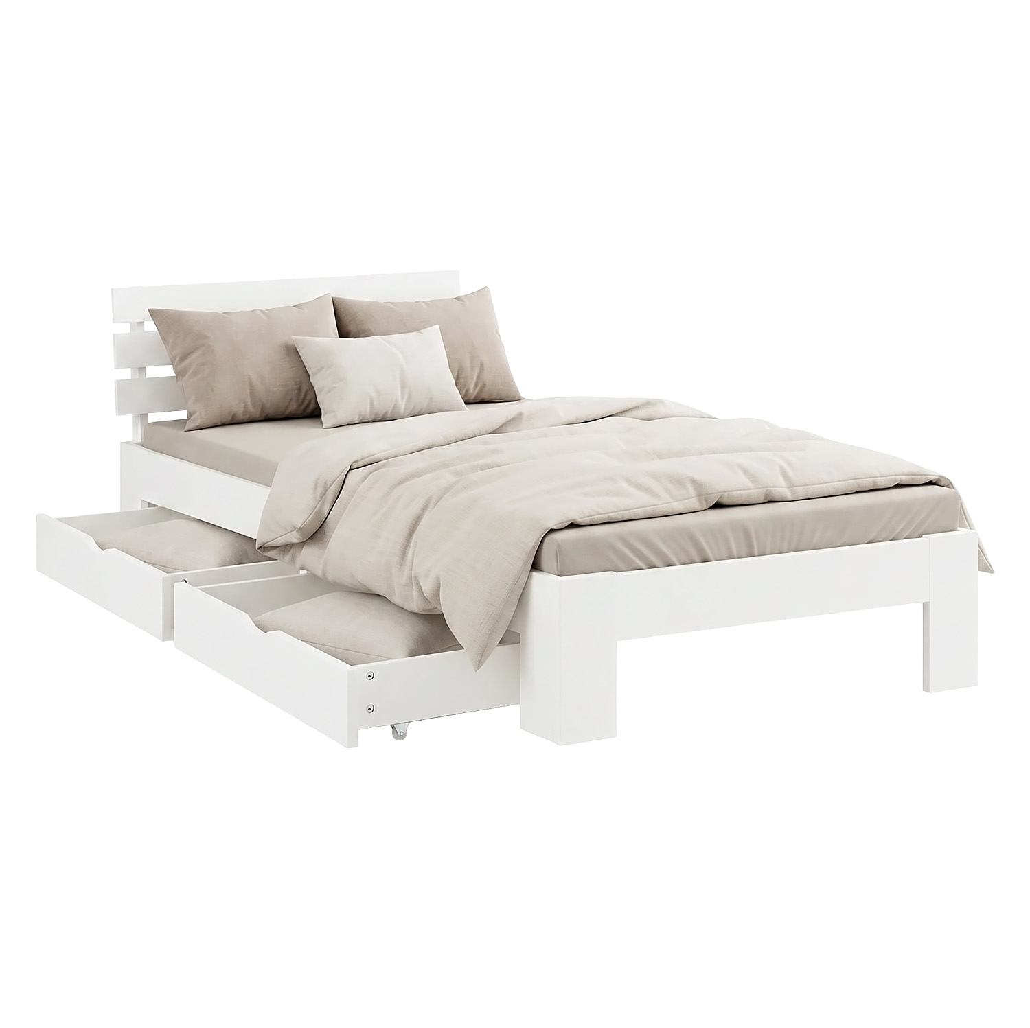 Wood Bed 90x200 cm White | Single Bed with Storage Drawers | with Slatted Frame | Solid | Kids Youth Guest Bedroom