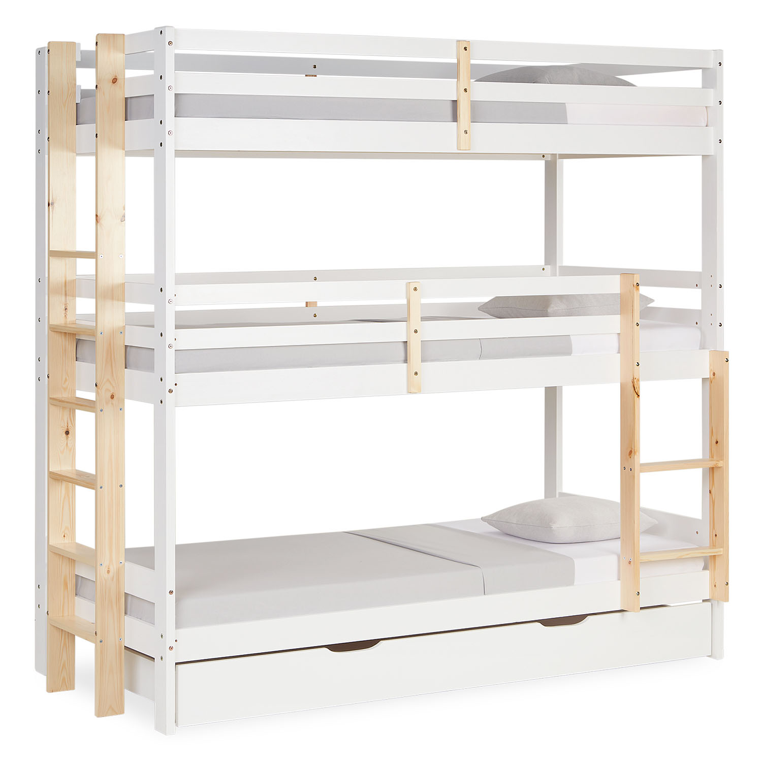Bunk Bed 3 Levels 90x200 cm White | Ladders Natural | with Bed Drawer | with Slatted Frame