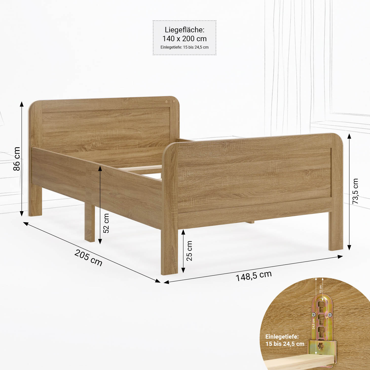 Comfort Bed 140x200 cm Natural | Senior Bed Height Adjustable | Double Bed | Wood | without Slatted Frame