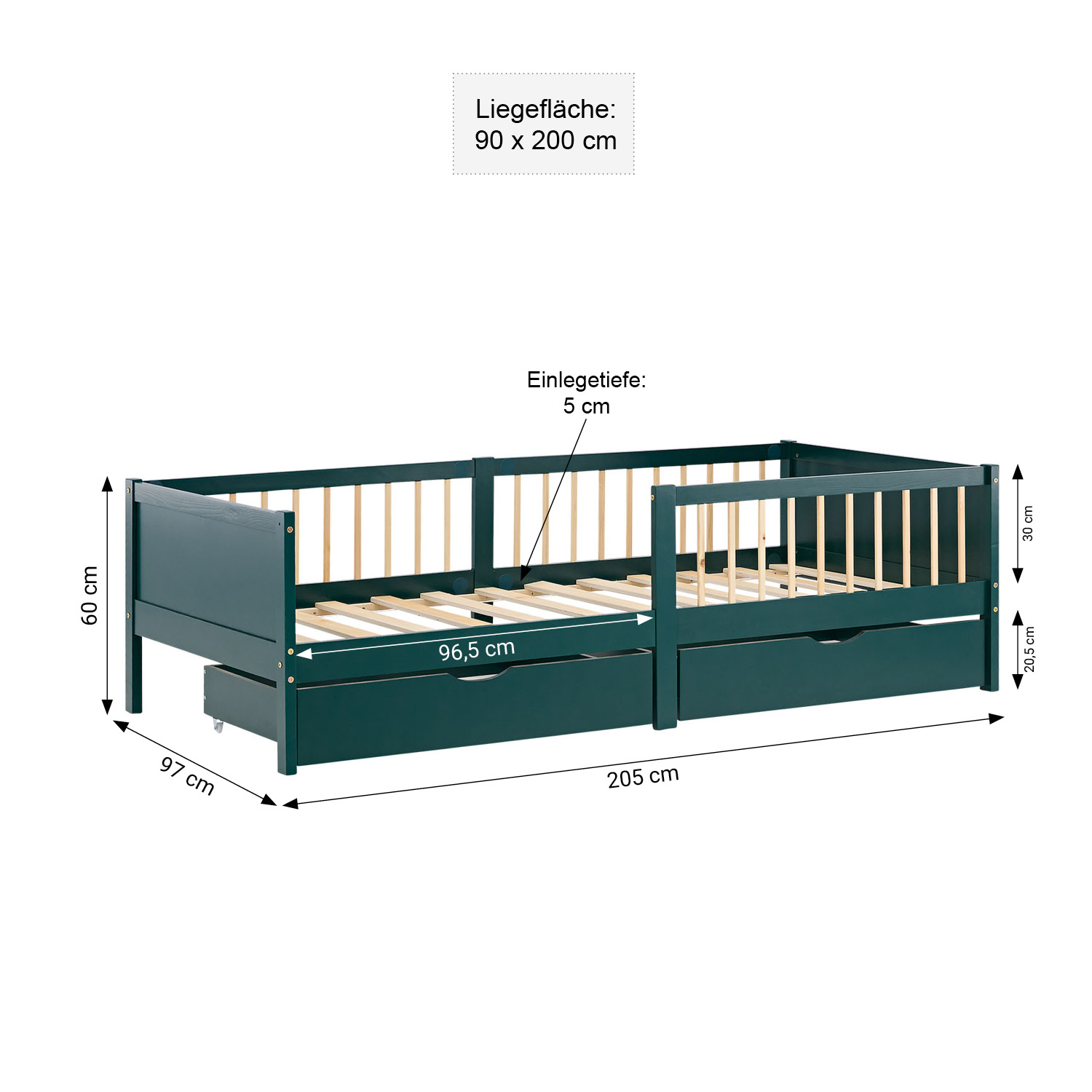 Children's Bed 90x200 cm Green | Wooden bed with 2 drawers | Single Bed | with Slatted Frame | Fall Protection