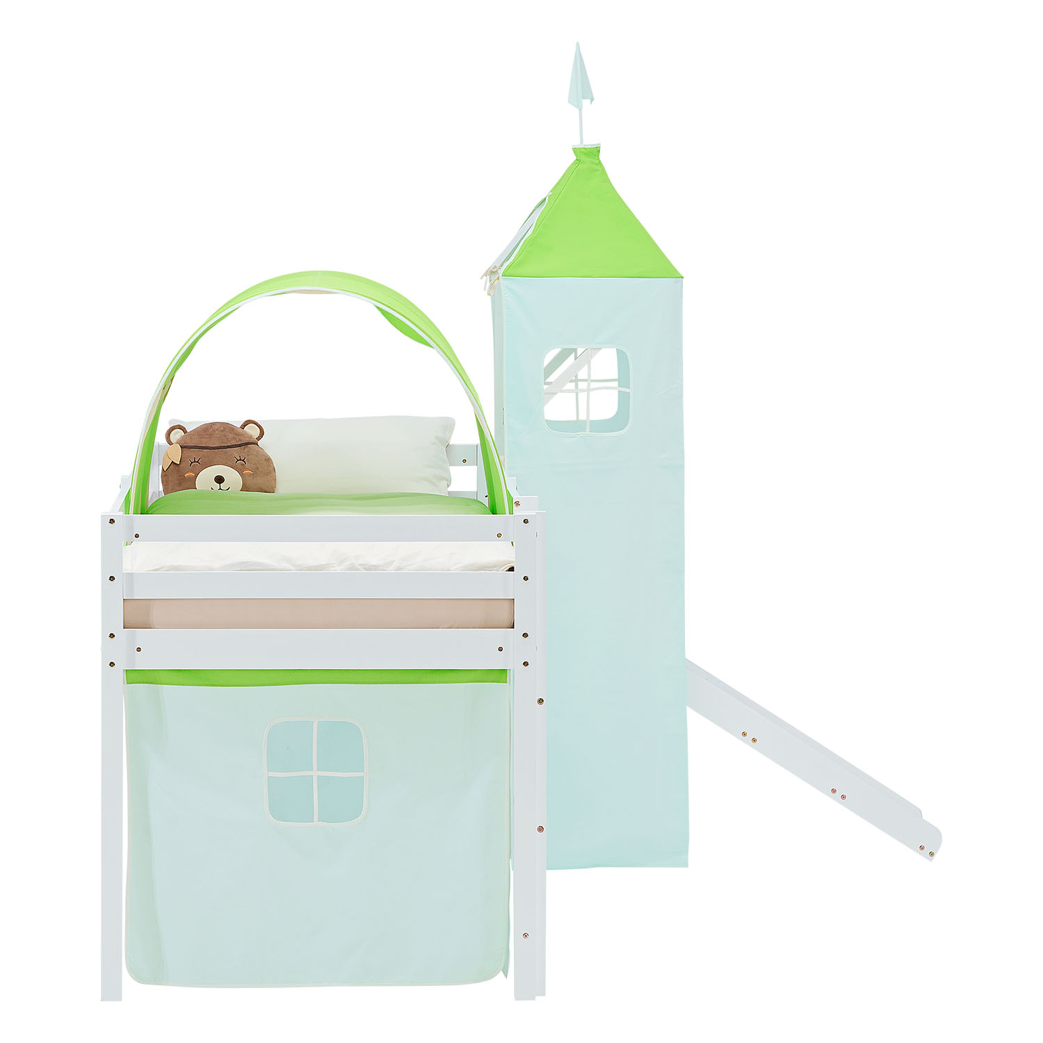 Loft Bed for Kids 90x200 cm White with Curtain in Green | Slide | Tower | Tunnel | with Slatted Frame and Mattress
