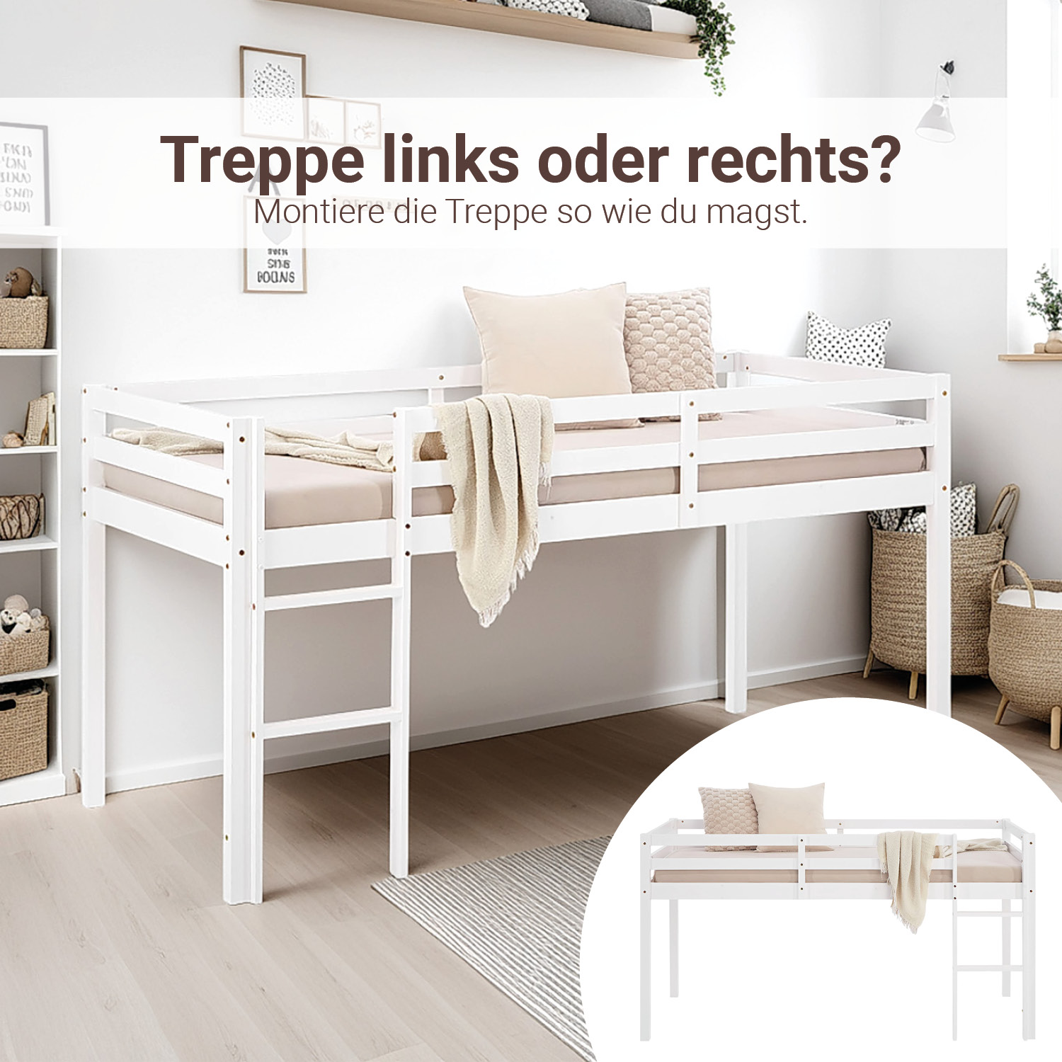 Loft bed with mattress and slatted frame, 90x200 cm, children's bed, white, solid wood