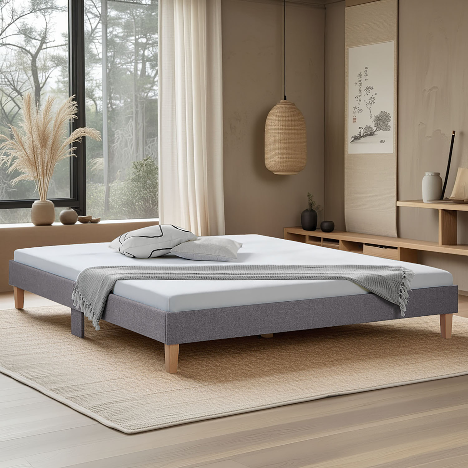 Upholstered bed 180x200 cm grey | futon bed | with slatted frame | double fabric bed frame